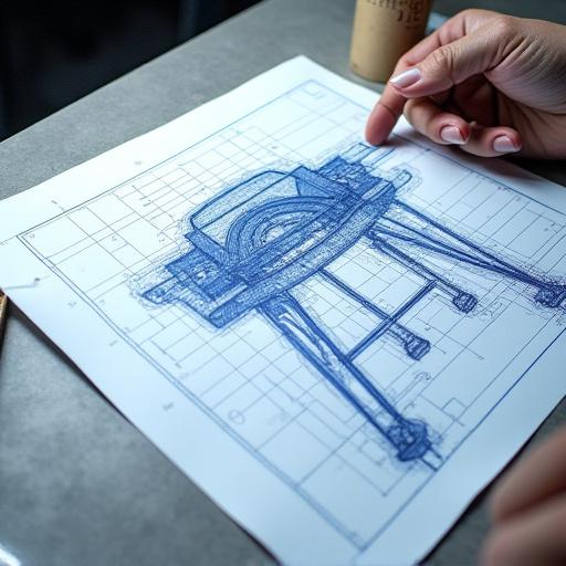 A design blueprint of a Tori Grill on a workshop table.